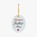 Personalized embroidered keychain in white with red lettering and gold ring.