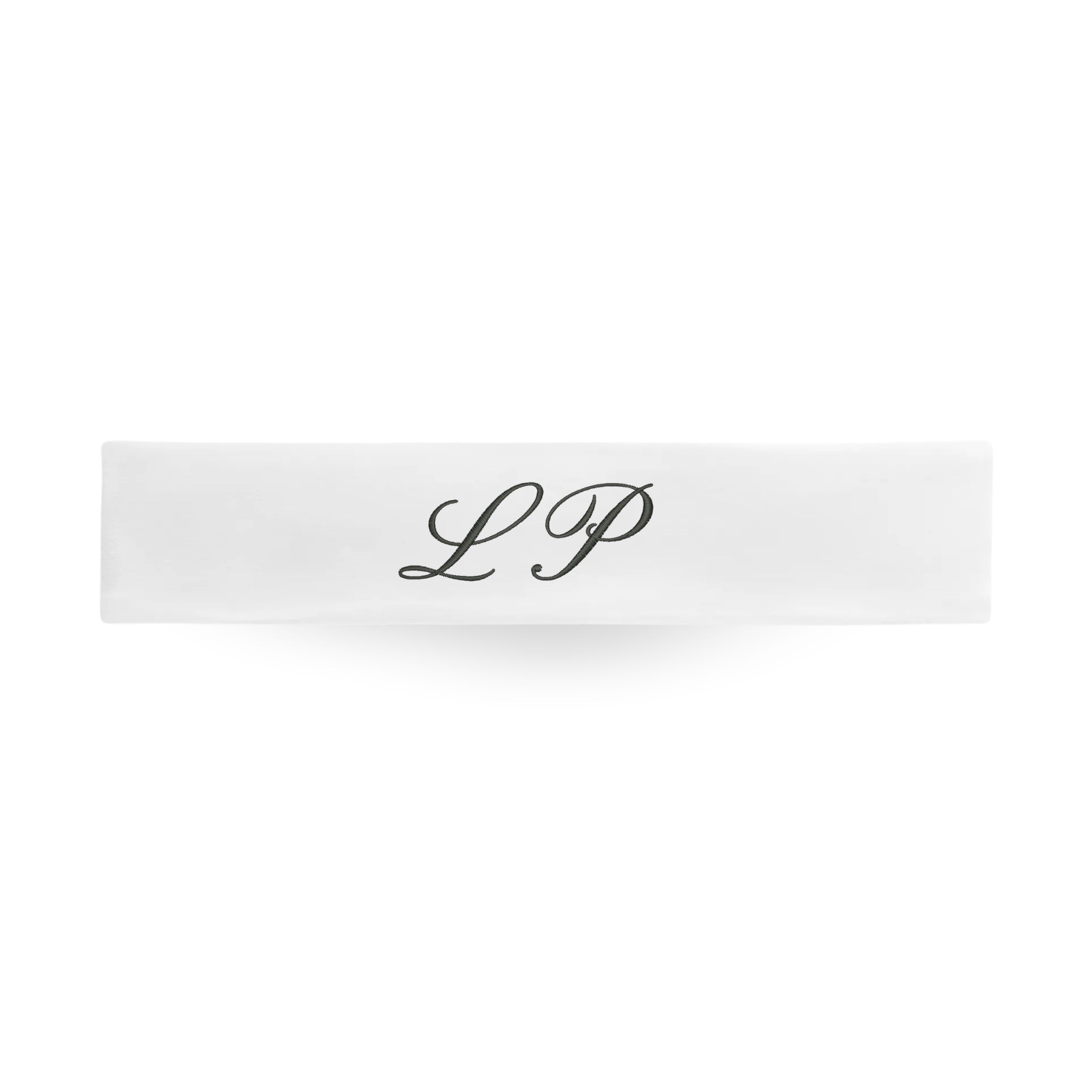 Personalized white headband with elegant LP lettering, perfect for fashion and everyday wear.