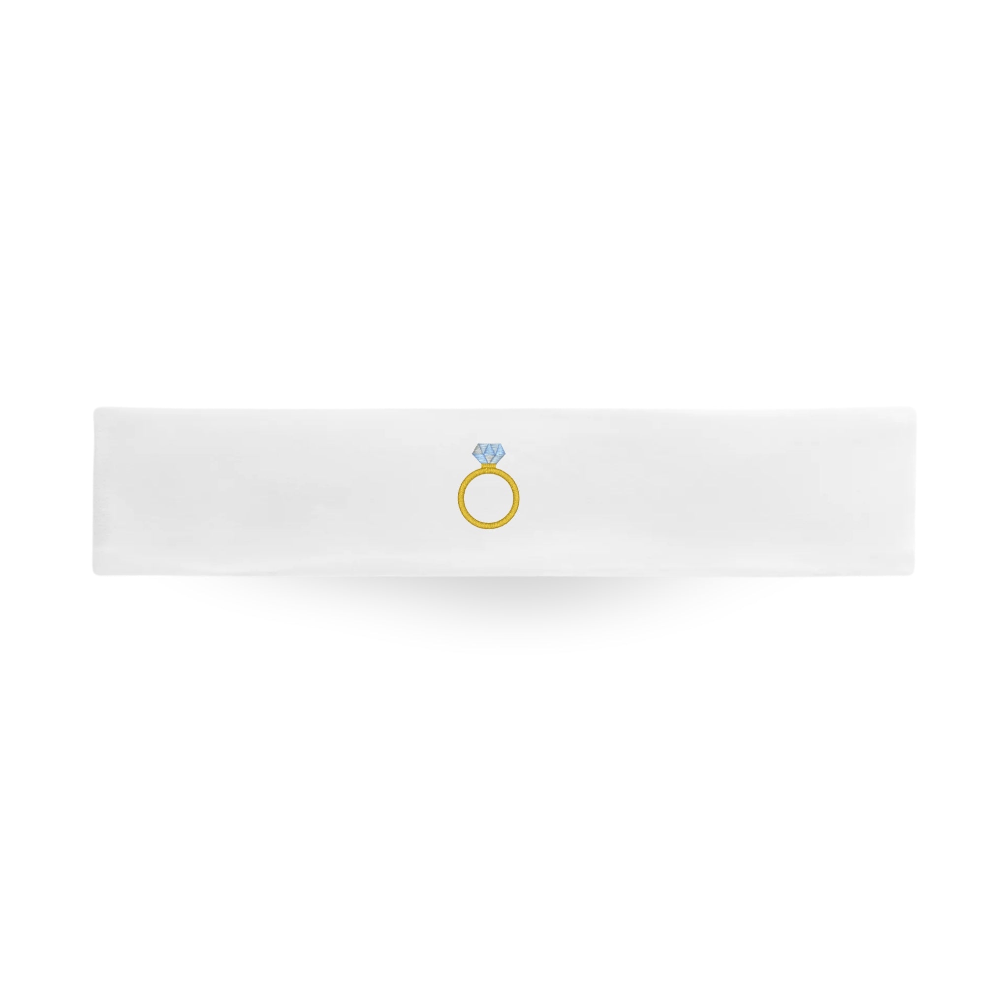 Embroidered white headband featuring a gold ring with a blue gemstone design, perfect for wedding or bridal use.