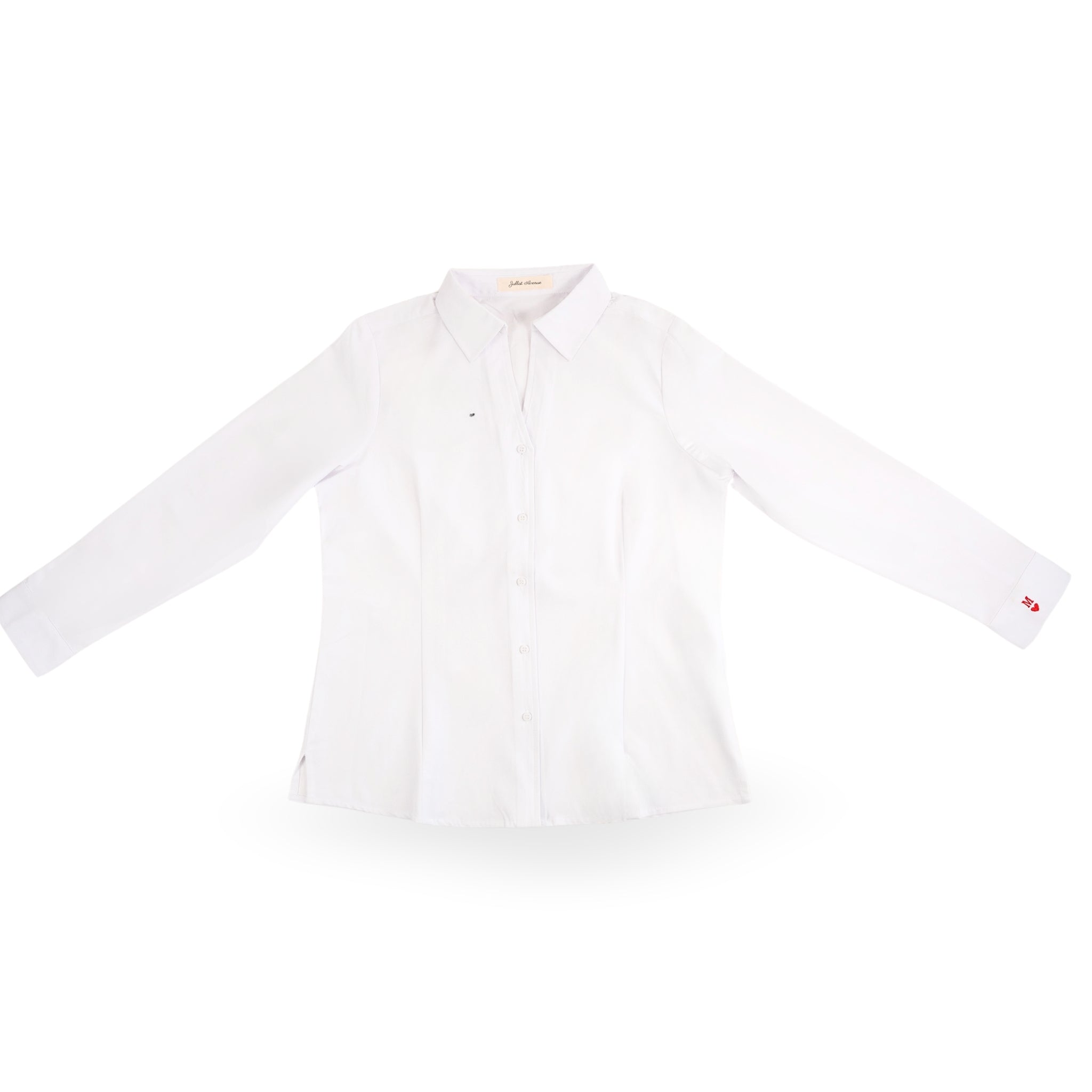 Women's white long-sleeve button-up shirt made from high-quality cotton fabric.
