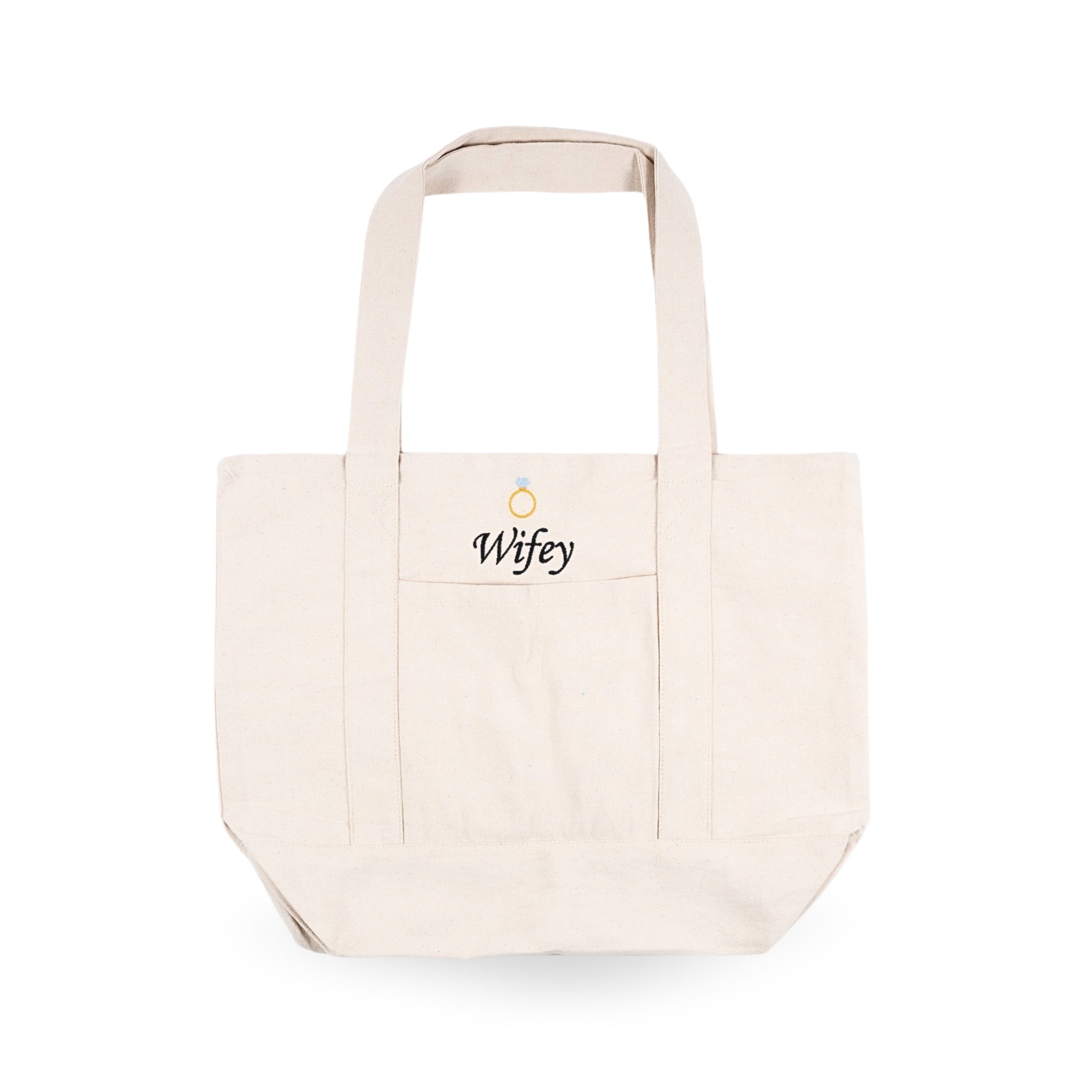 Cream canvas tote bag with 'Wifey' print, perfect for daily use or special occasions.