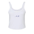 Women's white tank top featuring blue embroidered initials A.B., made from soft cotton blend.