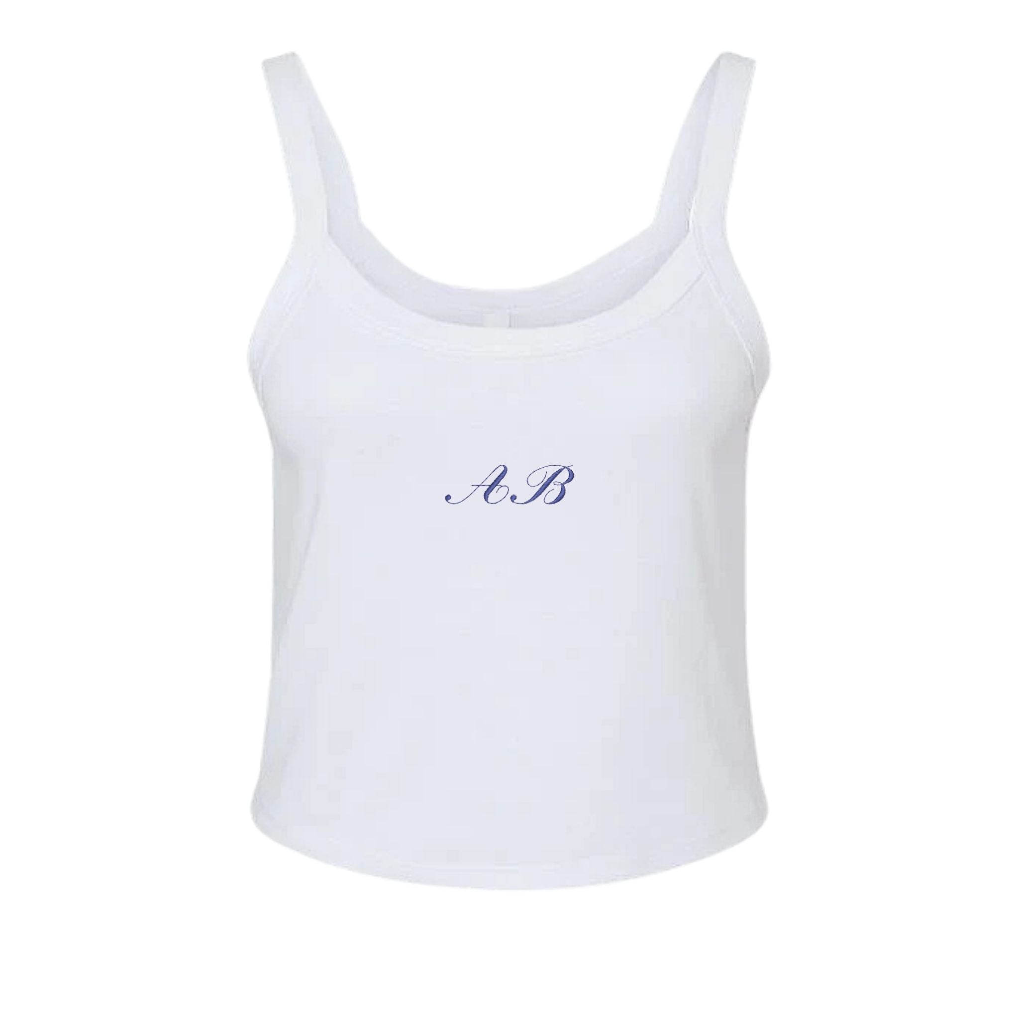 Women's white tank top featuring blue embroidered initials A.B., made from soft cotton blend.