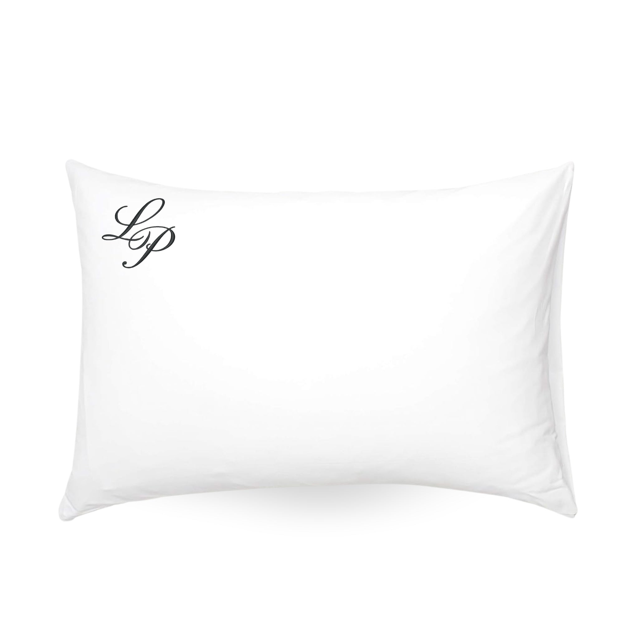 Luxury white pillow with black embroidered initials 'Lp', soft cotton blend for ultimate comfort.
