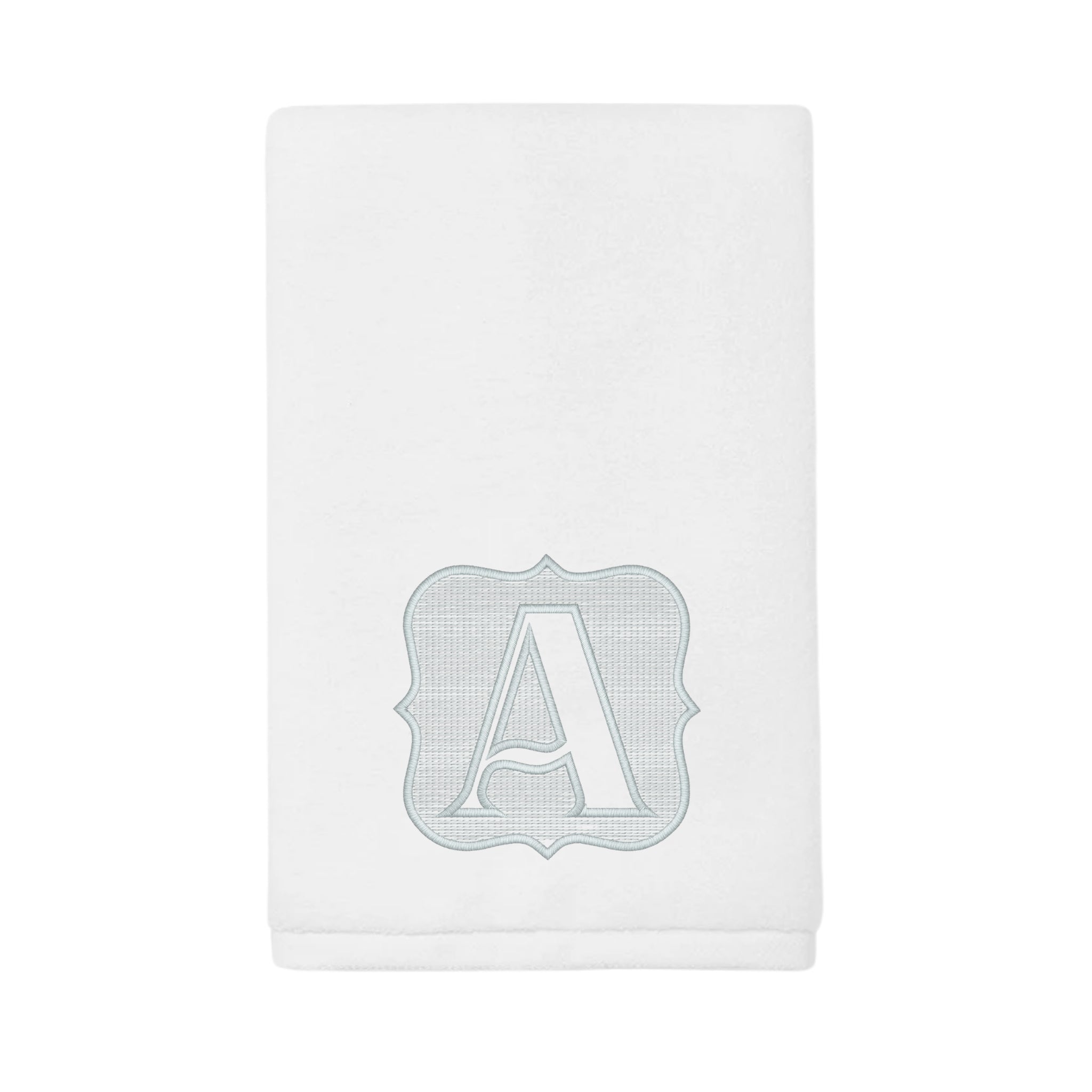 Personalized white towel with a blue embossed 'A' monogram, perfect for home or gifting.