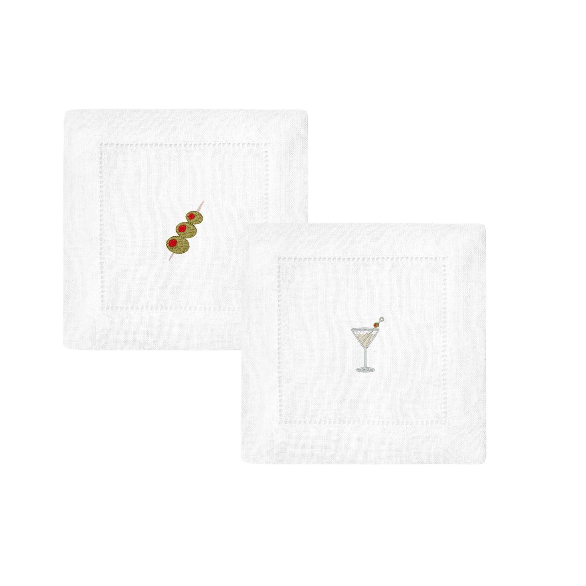 Set of two white linen cocktail napkins with olive and martini embroidery.