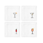 Set of four white cocktail coasters with embroidered drink designs including a margarita and a mojito.