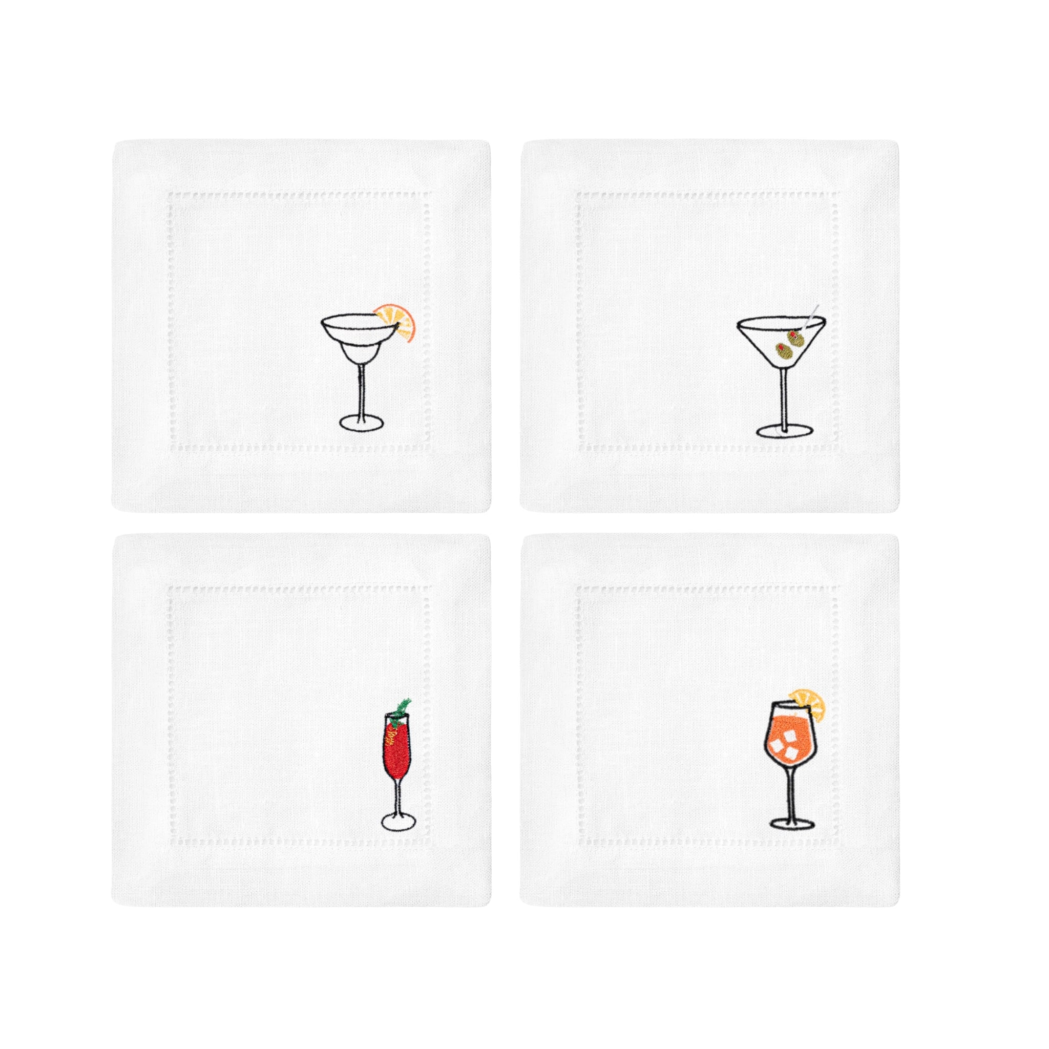 Set of four white cocktail coasters with embroidered drink designs including a margarita and a mojito.