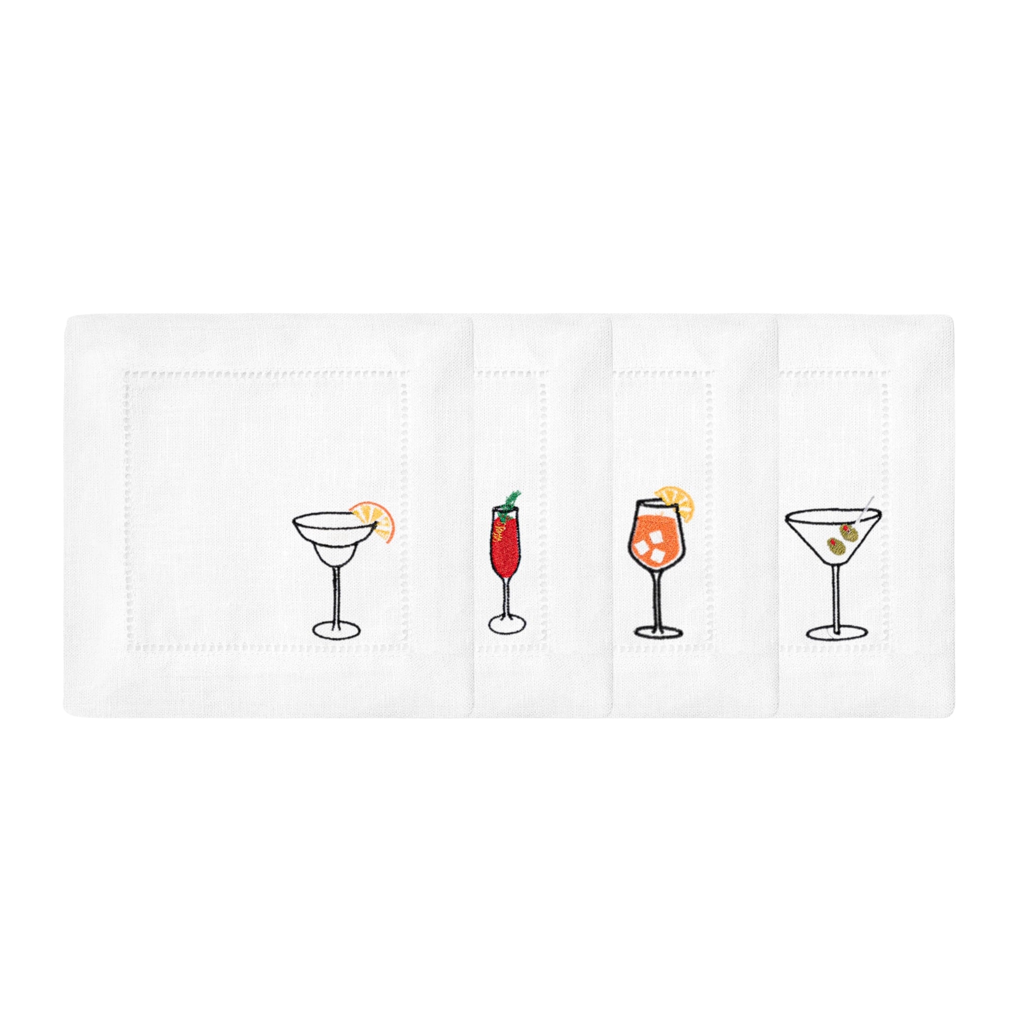 Set of four white beverage napkins featuring colorful embroidered cocktail designs.
