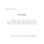Size chart for clothing: XS to XL with bust and length measurements in inches.