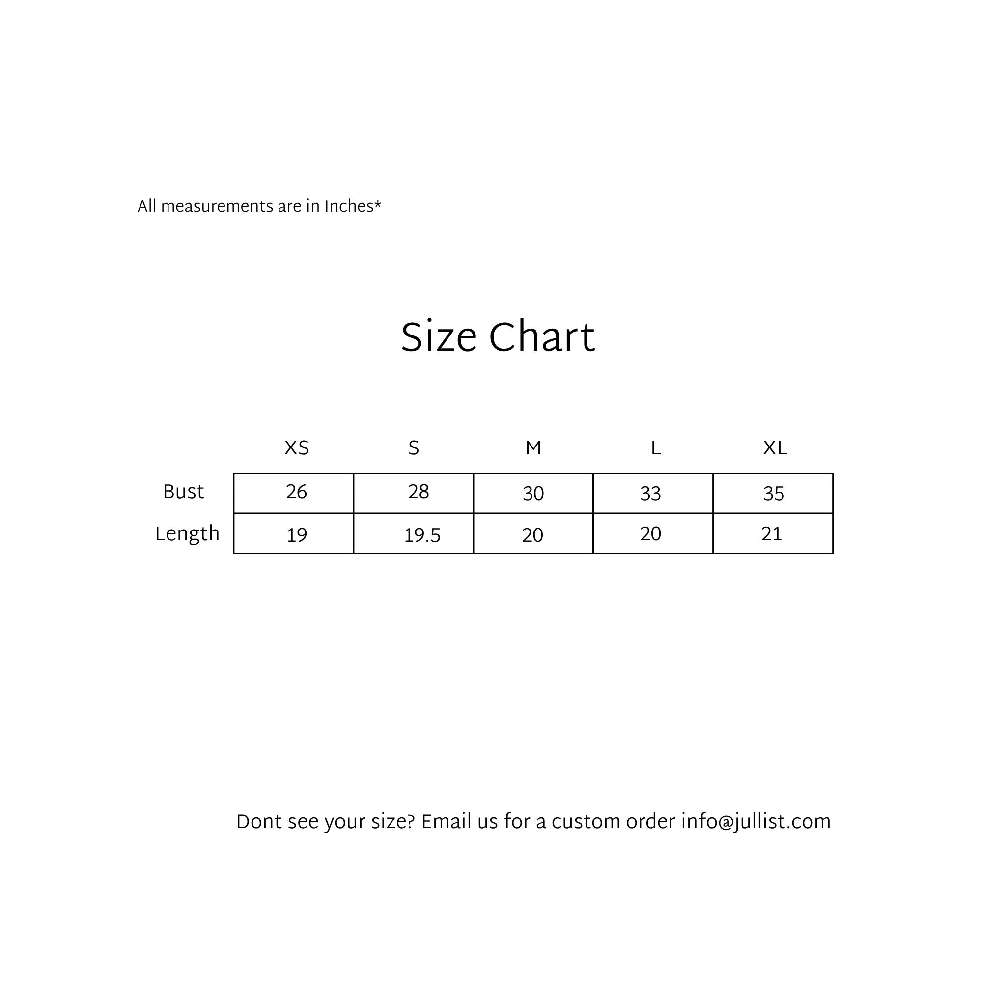 Size chart for clothing: XS to XL with bust and length measurements in inches.