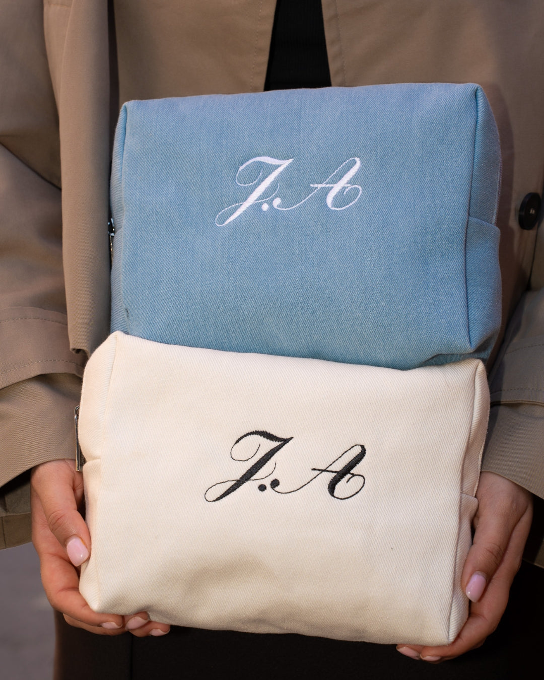Personalized denim and canvas pouch set in blue and cream with embroidered initials J.A.