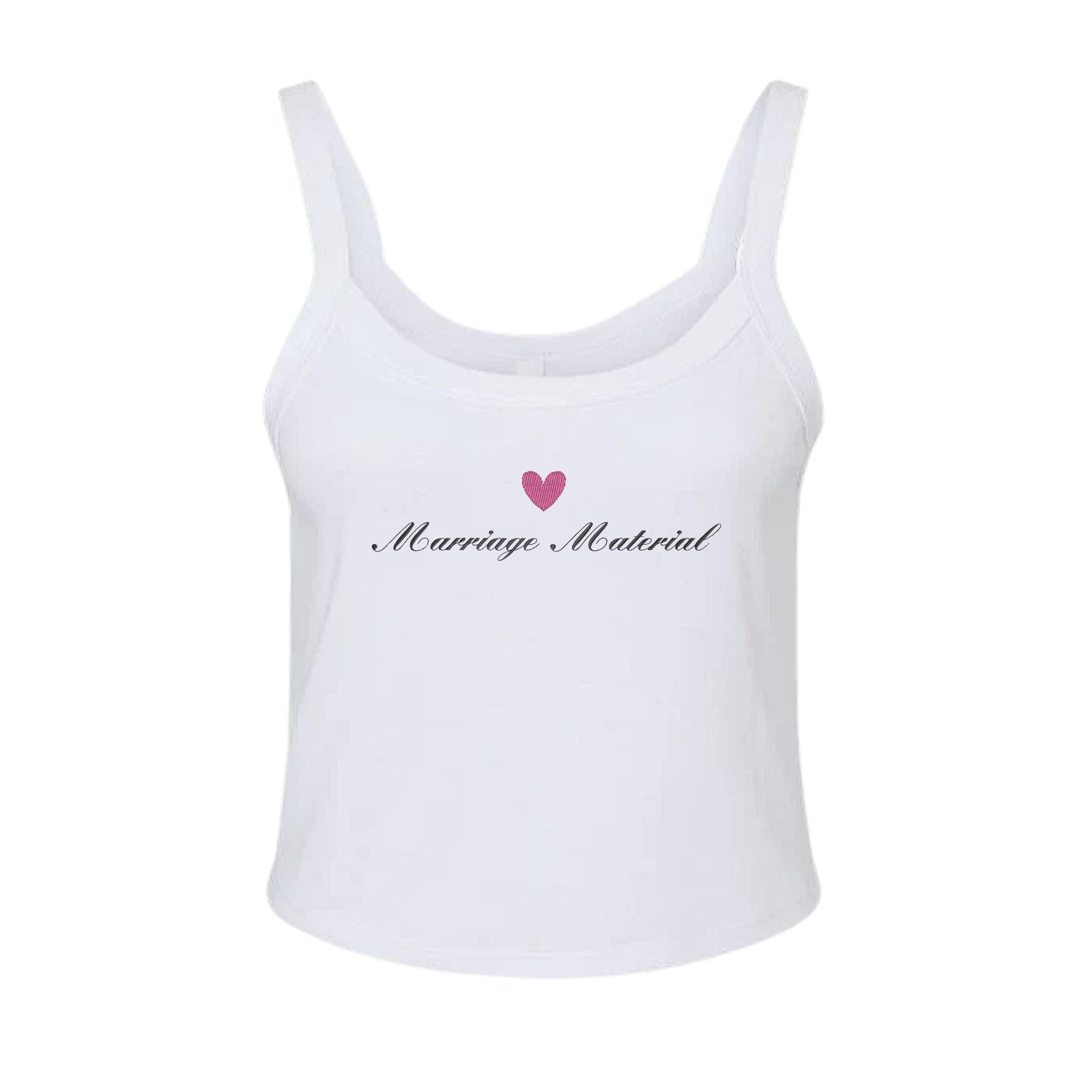 White tank top with 'Marriage Material' graphic and pink heart, perfect for trendy casual wear.