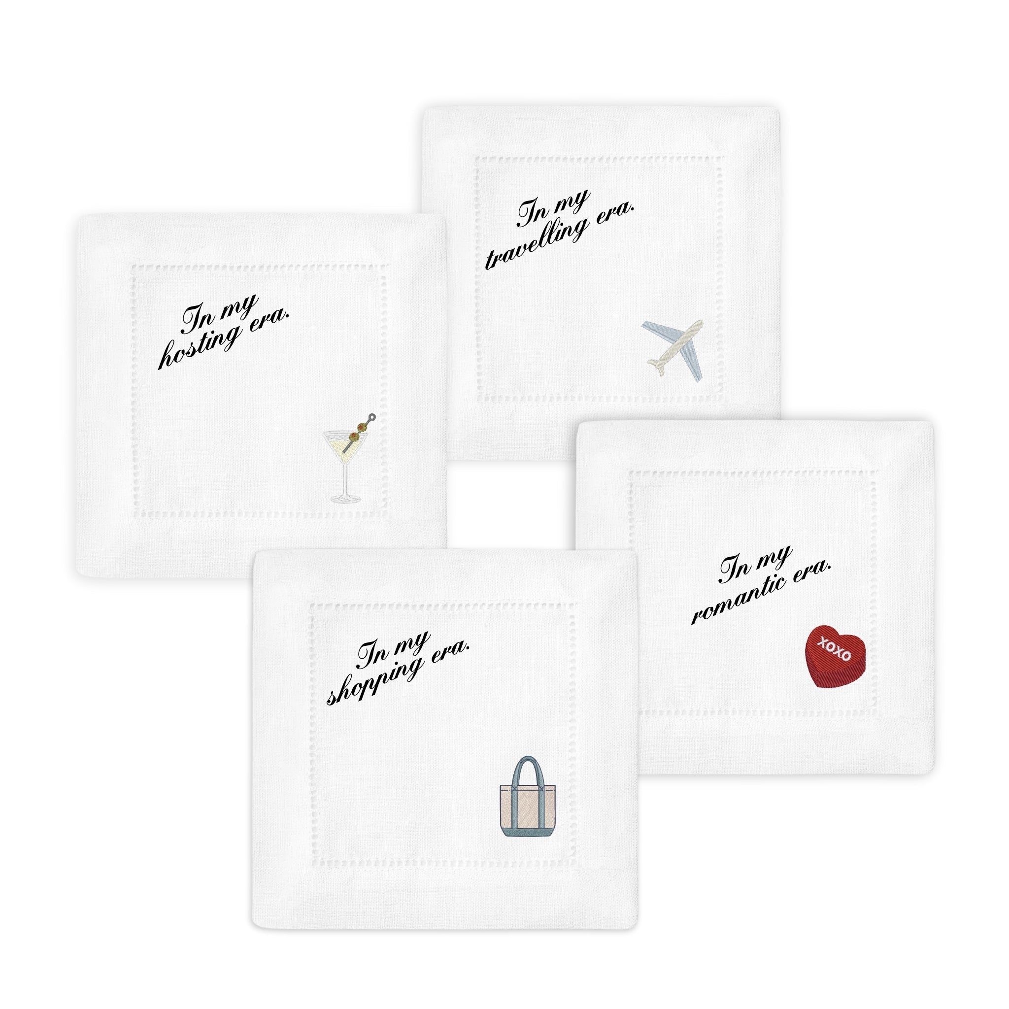 Set of four white pouches with text and icons on a white background