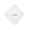 Elegant white linen handkerchief with lace trim and personalized monogram 'A.B.' for special occasions.