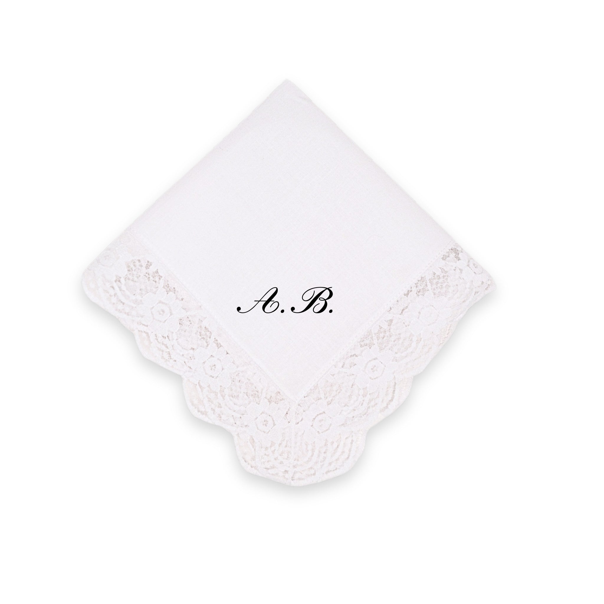 Elegant white linen handkerchief with lace trim and personalized monogram 'A.B.' for special occasions.