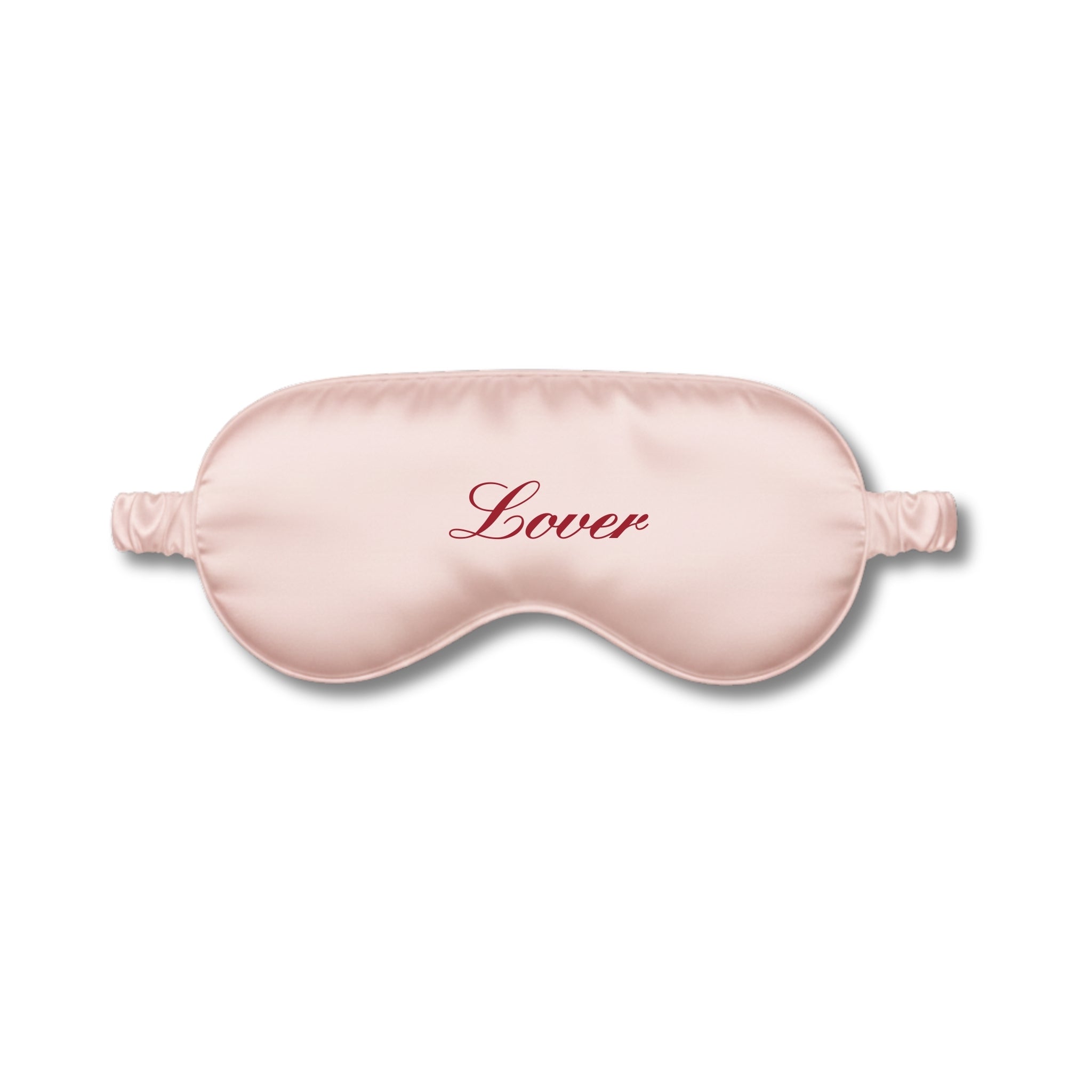 Pink satin eye mask with 'Lover' embroidery on a white background