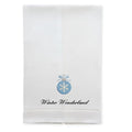 White holiday kitchen towel featuring blue snowflake ornament design and 'Winter Wonderland' text.