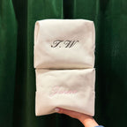 Personalized cream canvas bag with embroidered initials T.W. and name Jenna, perfect for stylish organization.