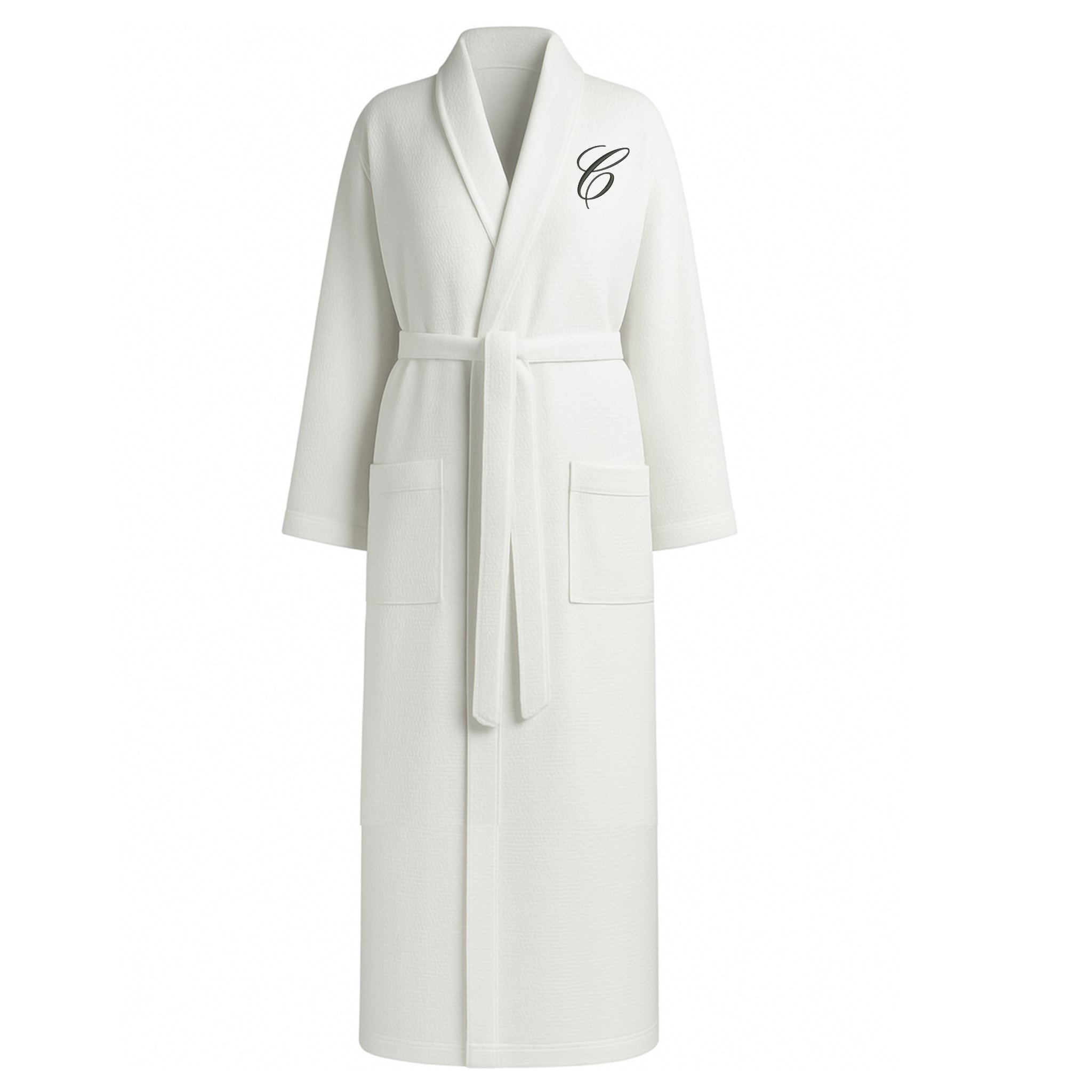 Cozy white robe with pockets and belt, featuring elegant embroidered initials.