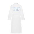 White bathrobe with 'Breakfast In Bed' embroidery, soft cotton fabric suitable for lounging.
