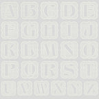 Decorative white alphabet letters with ornate borders on a grey background, perfect for crafts and DIY projects.