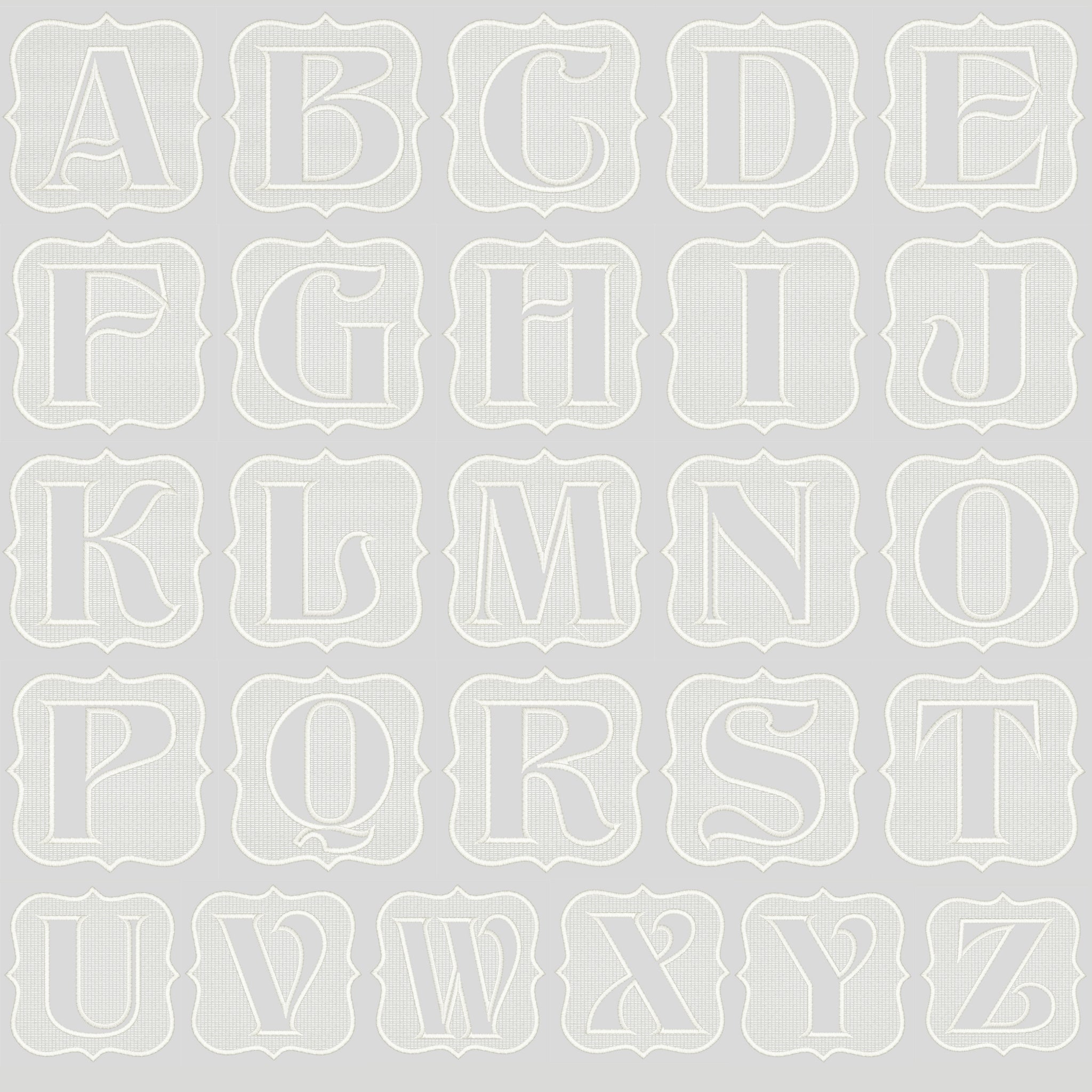 Decorative white alphabet letters with ornate borders on a grey background, perfect for crafts and DIY projects.