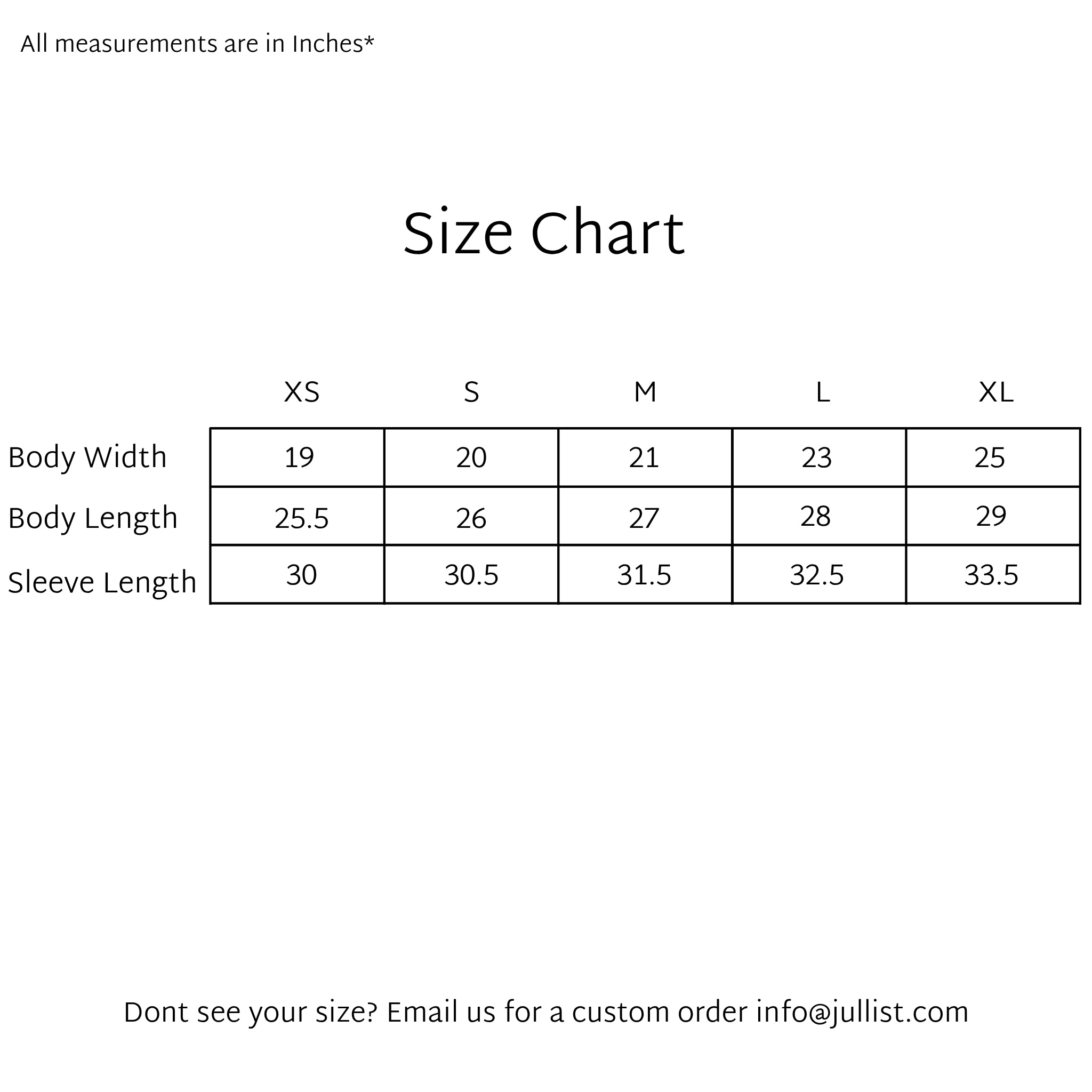 Size chart for clothing with measurements for XS to XL, including body width, length, and sleeve length.