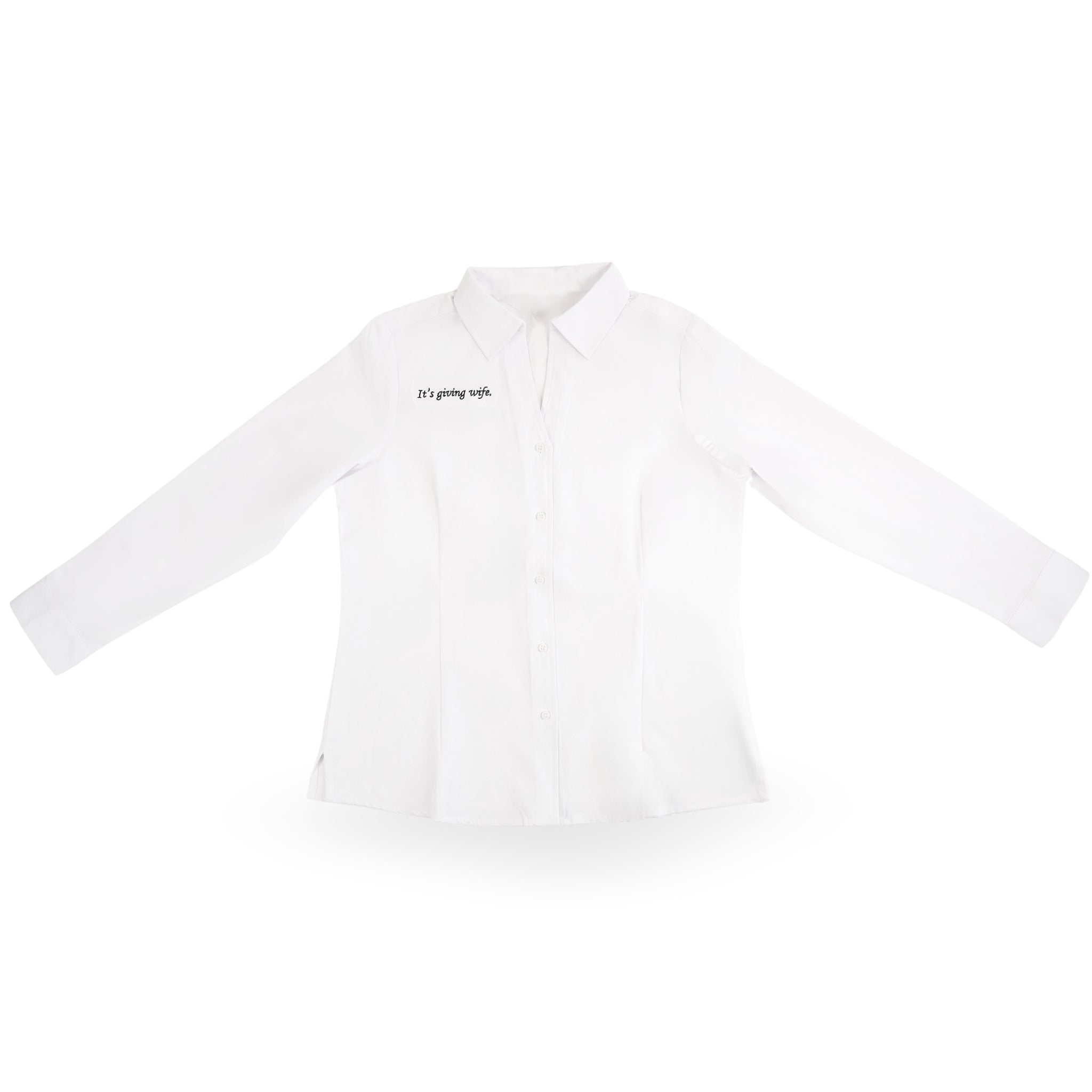 White button-up shirt featuring 'It's giving wtg.' embroidered on the chest, perfect for casual wear.
