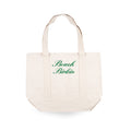 Cream canvas tote bag with 'Beach Birkin' green embroidery, perfect for beach outings and everyday use.