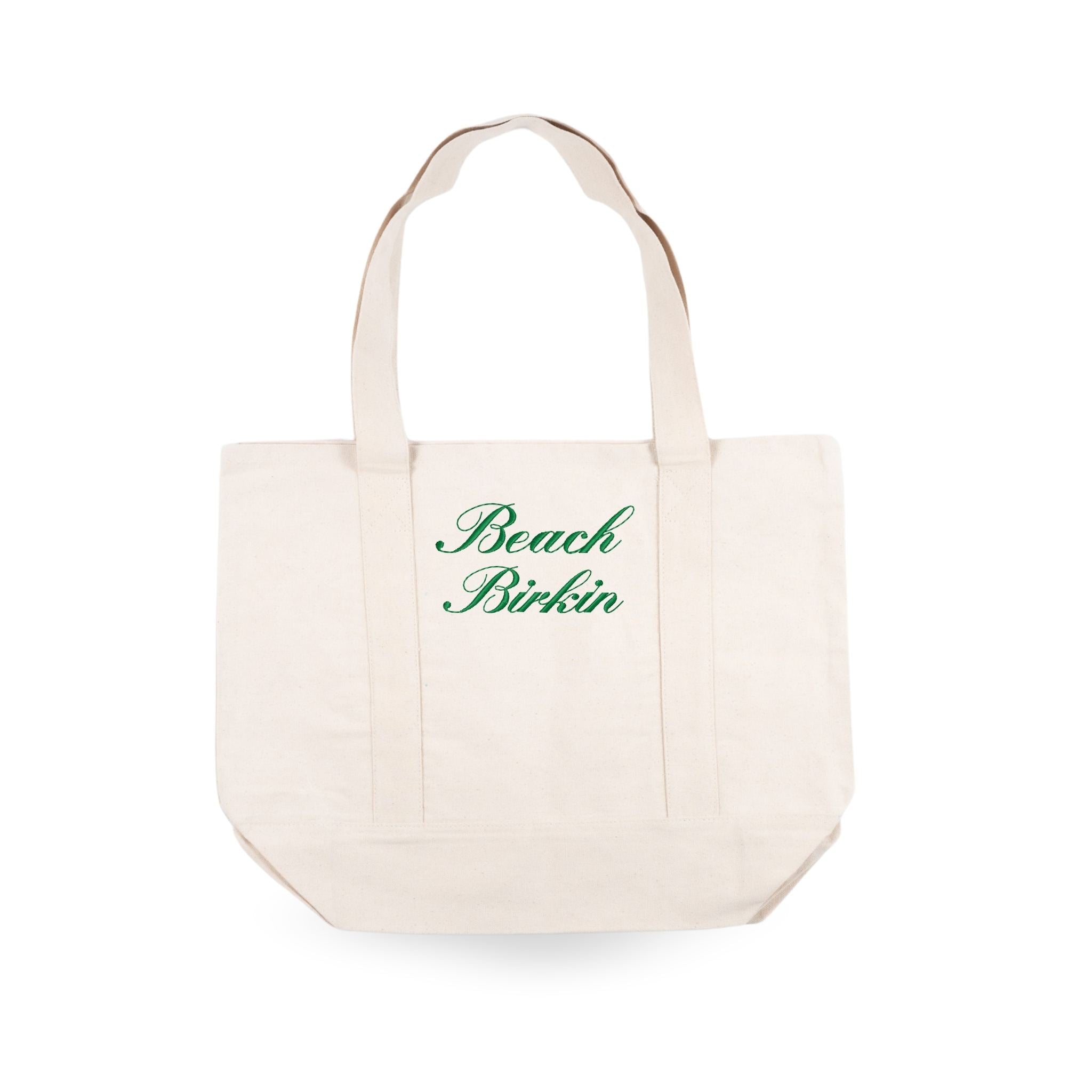 Cream canvas tote bag with 'Beach Birkin' green embroidery, perfect for beach outings and everyday use.