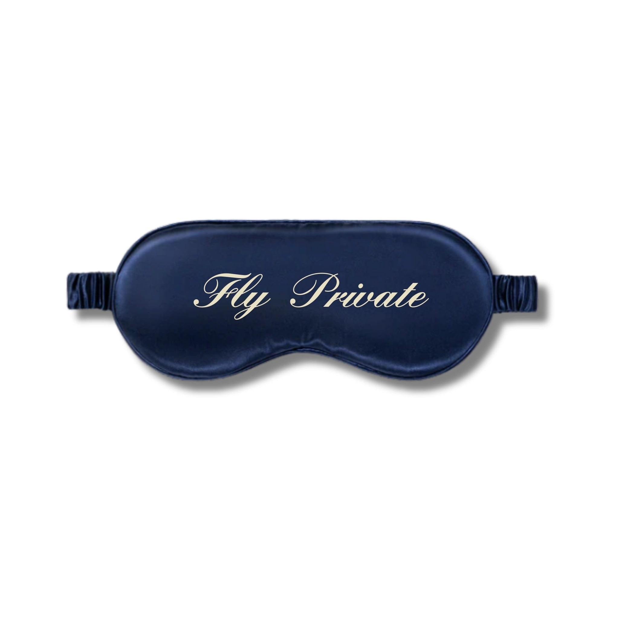 Navy blue sleep mask with 'Fly Private' text on a white background