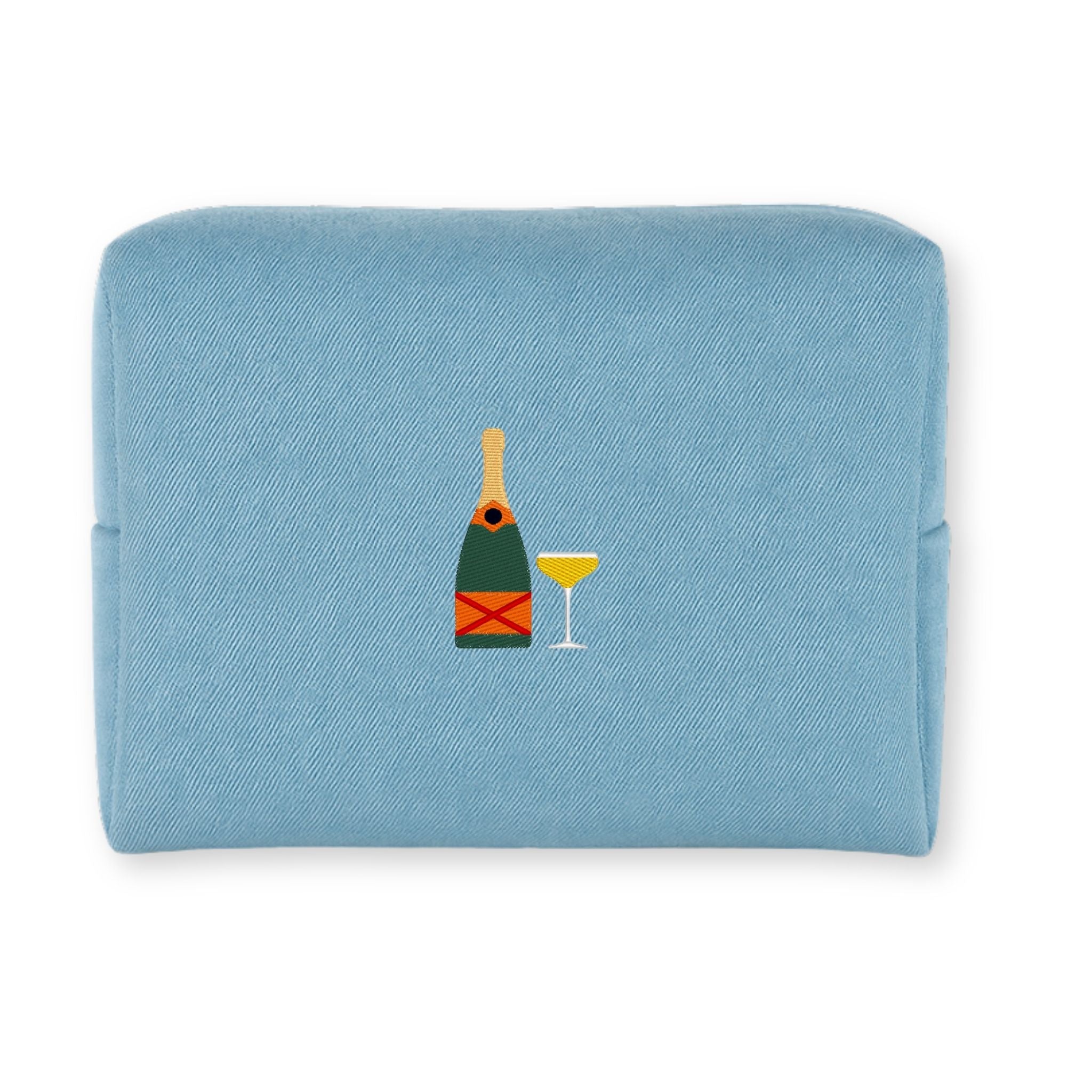 Blue canvas pouch featuring embroidered champagne bottle and glass design, perfect for accessories.