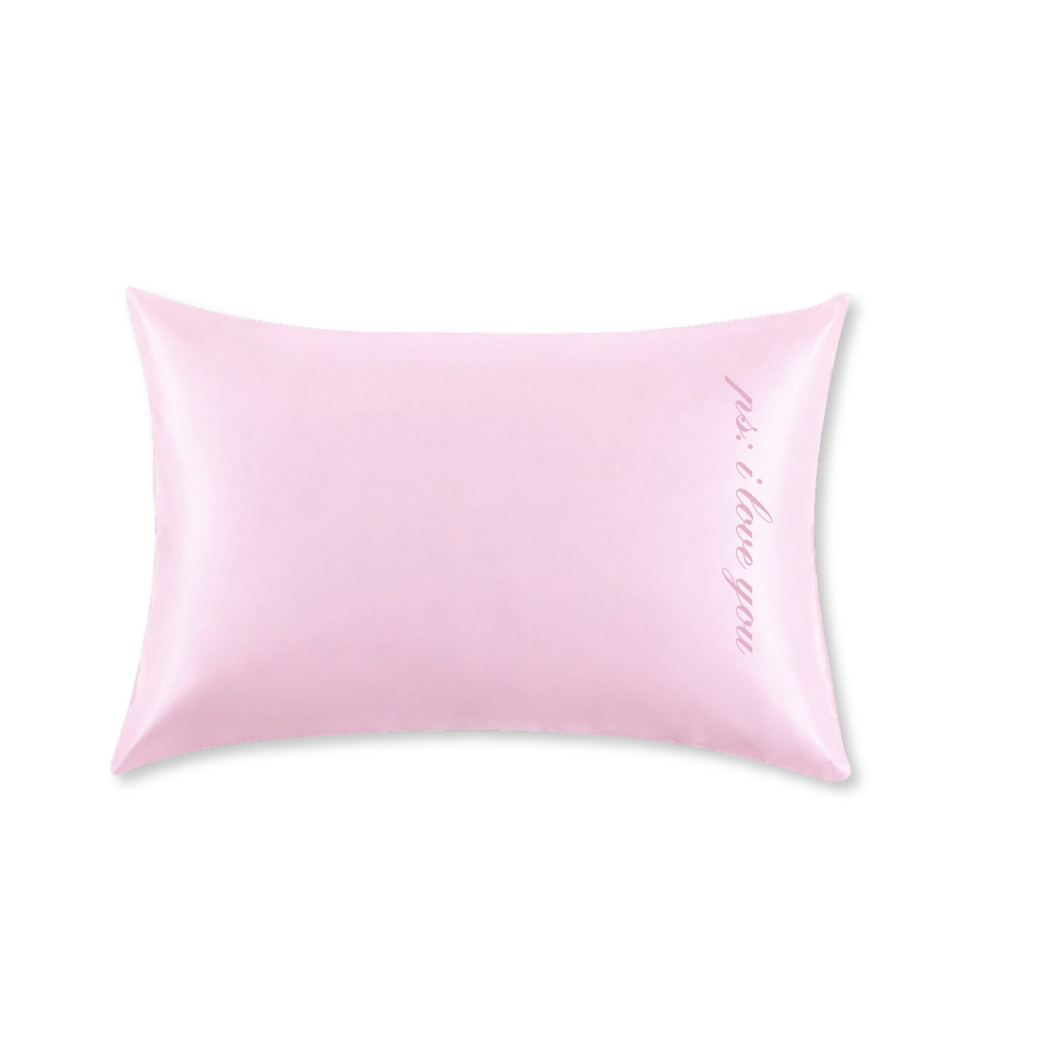 Pink satin pillowcase with 'Silk Pillow' text on a white background