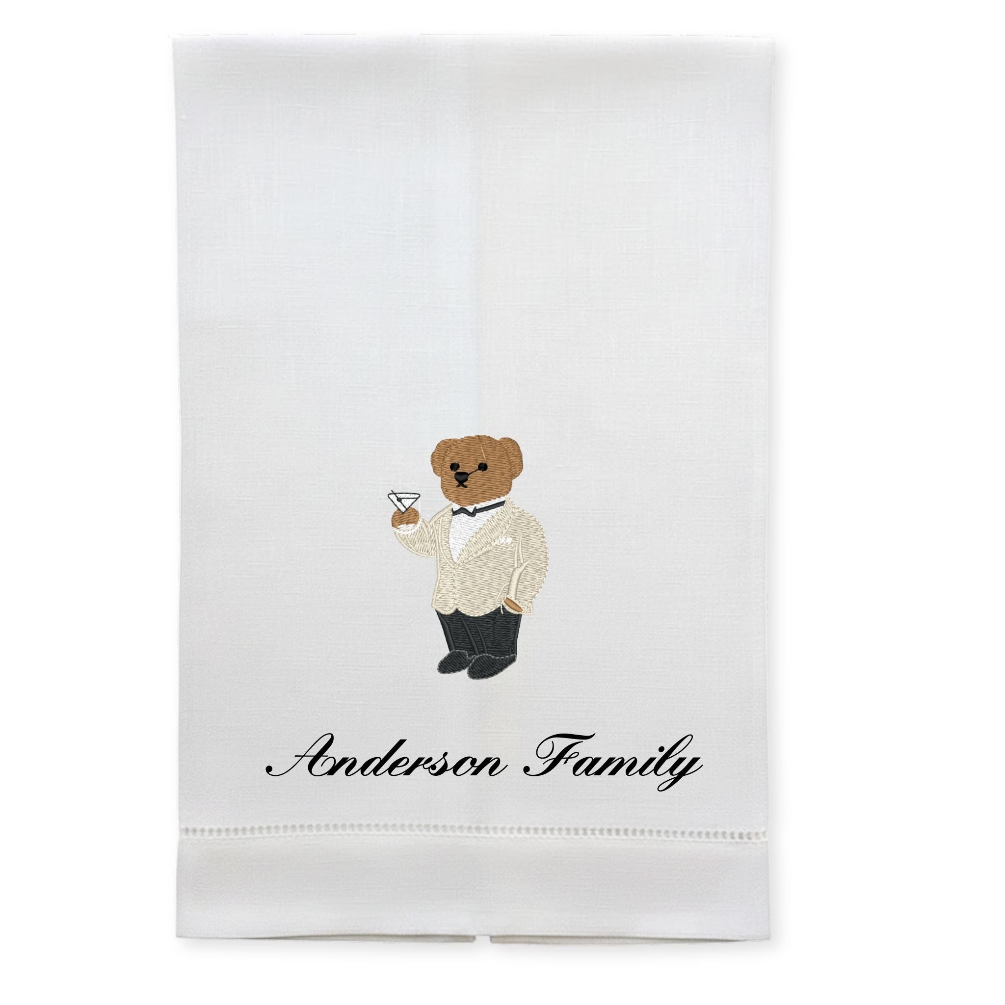 Personalized white cotton kitchen towel featuring a bear in a tuxedo, holding a cocktail, with 'Anderson Family' text.