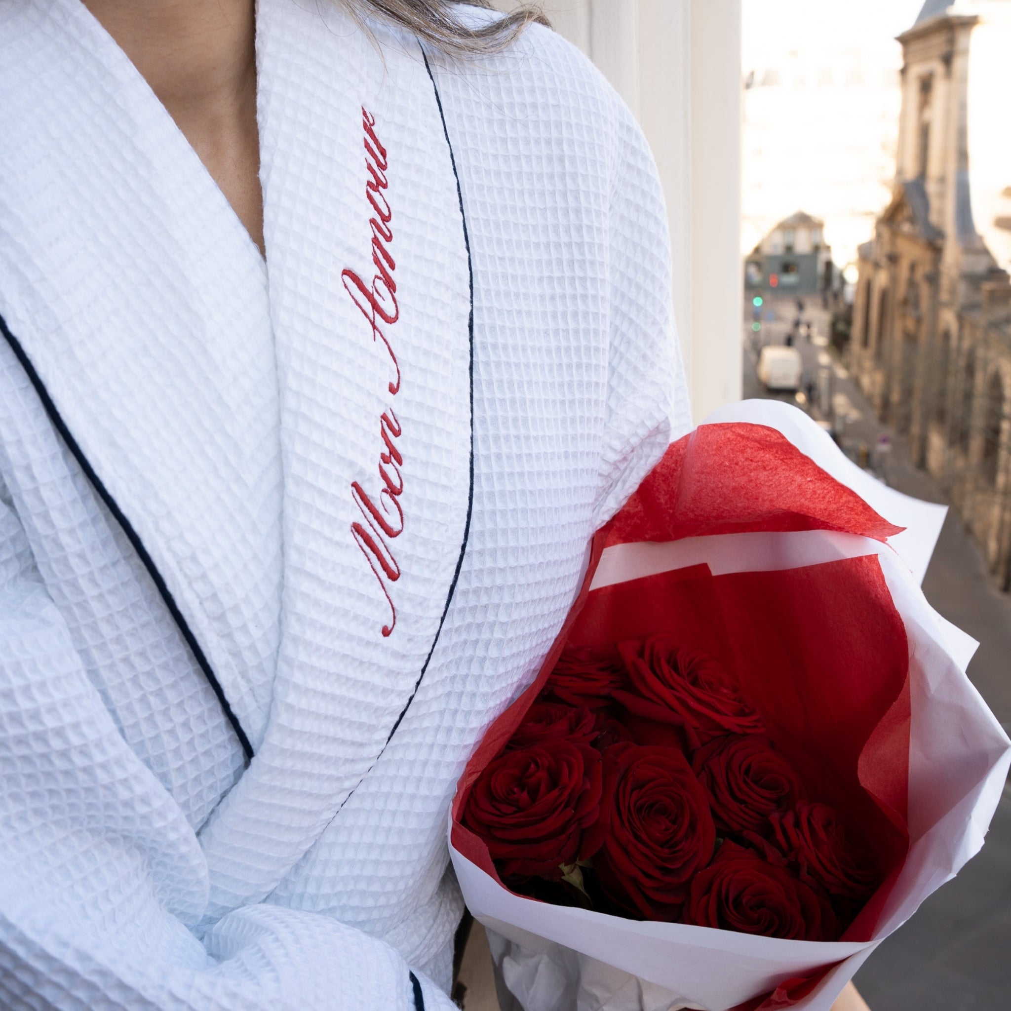 Womens Waffle Robe Embroidered Collar