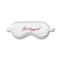 White sleep mask with 'Jet legged' text on a white background