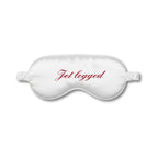 White sleep mask with 'Jet legged' text on a white background