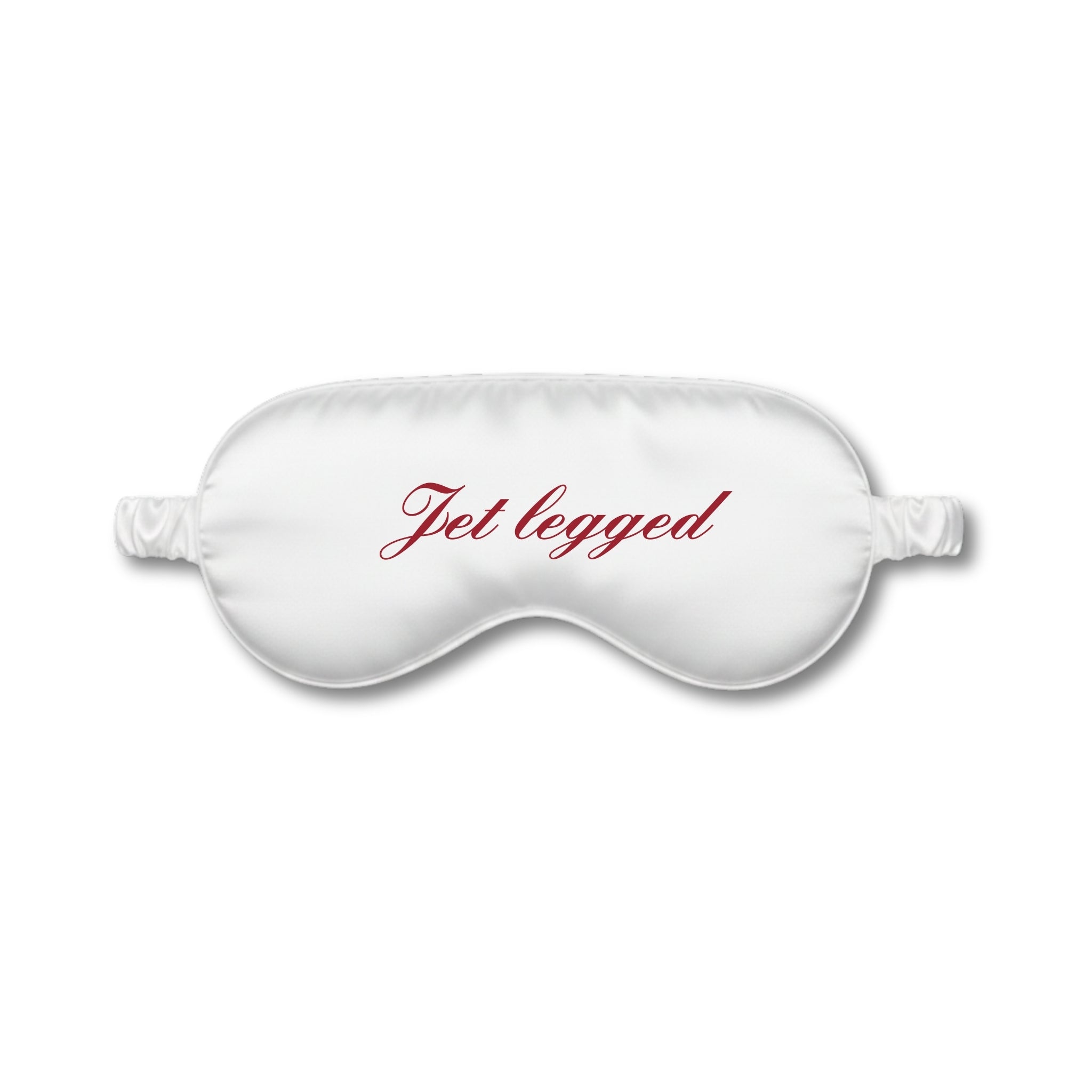 White sleep mask with 'Jet legged' text on a white background